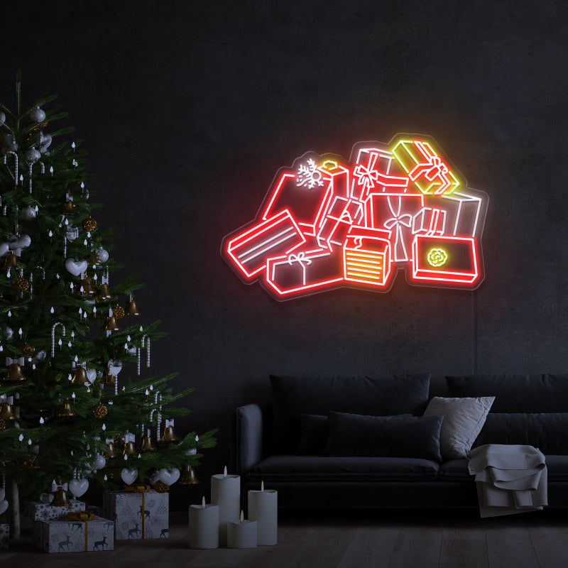 "Presentes de Natal" - letreiro de néon LED